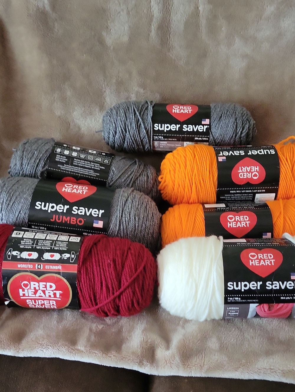 Red Heart Super Saver Yarn Bundle - Gray, Orange, Deep Red, White